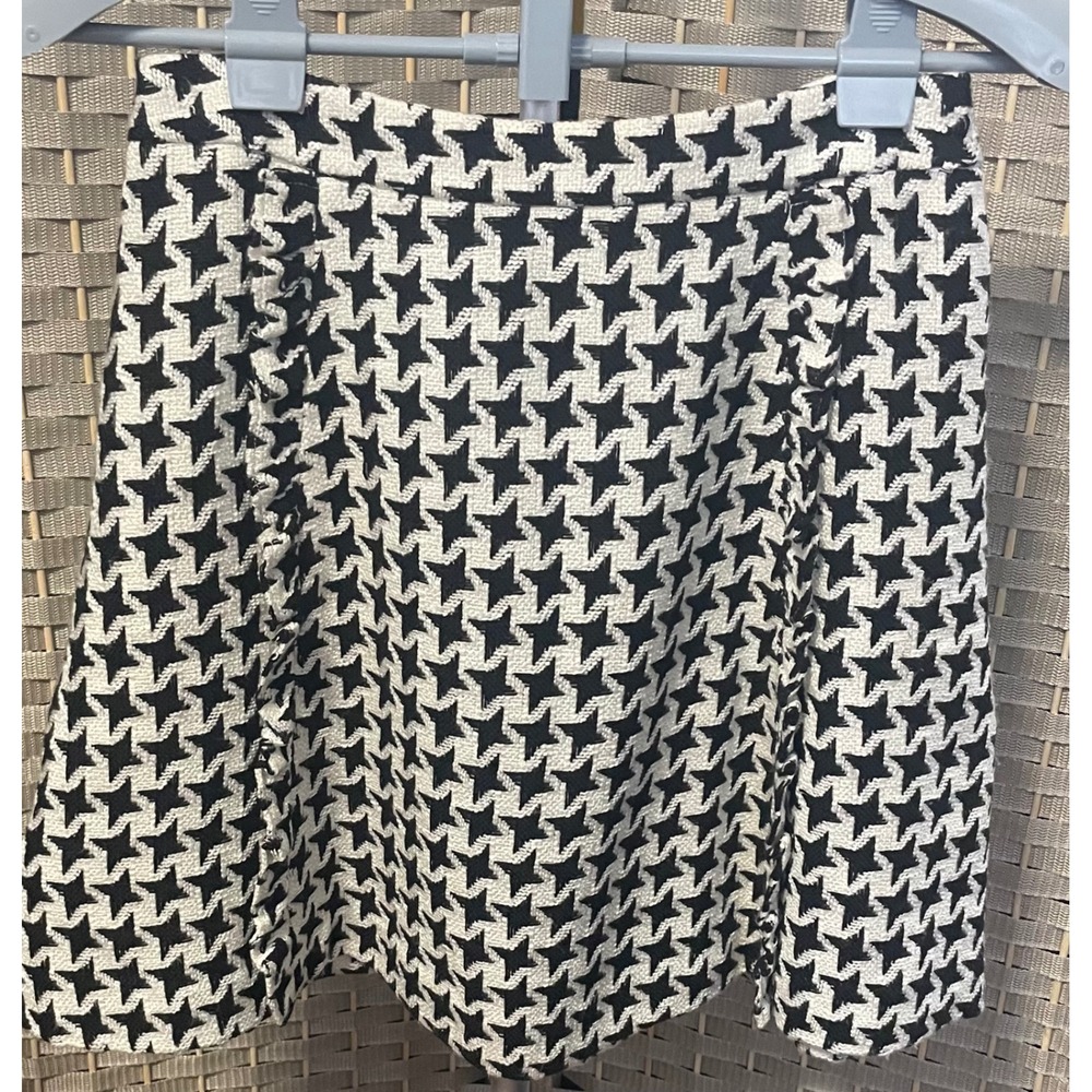 Loft Outlet Black White Star‎ Houndstooth Fringe Tweed Mini Skirt Size 2